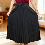 Solid-Color Fashionable Belt Pleated Skirt