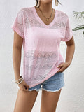 Solid-Color Lace V-Neck Bat Short-Sleeved T-Shirt