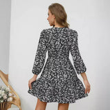 Spliced Floral V-Neck Floral Long-Sleeved Dress