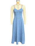 V-Neck Halter Strap Elastic Denim Long Dress