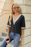 V Neck Lace Stitching Solid Color Loose Top_Cwtsts0187