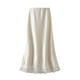 LACE TRIMMED SATIN A LINE MIDI SKIRT WITH DRAPING_CWBMS0327