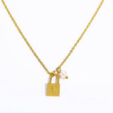 STAINLESS STEEL LETTER PEARL LOCK PENDANT NECKLACE_CWMM5298