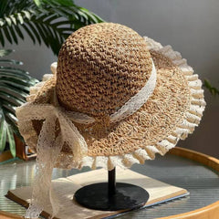 LACE TRIM CUTE BOW SUNSHADE STRAW HAT_CWAH3444