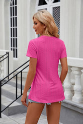 Solid Color Crew Neck Short Sleeve Split Top_Cwtsts0145