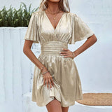Solid-Color Lotus Leaf Sleeved Pull-Down Dress