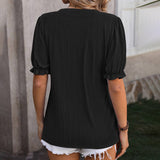 Solid Color V Neck Ear Of Wheat Short Sleeved Top_Cwtts0898