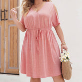 Womens Plus Size V Neck Lace Up Loose Dress_Cwdsd3144