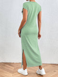 Striped Slim-Fit Waist Slimming Round Neck Dress