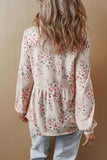 U-Neck Floral Print Pleated Long-Sleeved Top