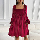 Velvet Square Neck Solid Color Short Dress
