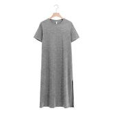 Solid Color Short-Sleeved Long Cotton Split Dress