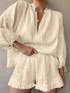 Cotton Linen V-Neck Lantern Sleeve Shorts Suit