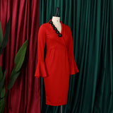 V-Neck Elegant Trumpet Sleeve Slit Hip Dress_Cwdmd3706