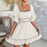 Vacation-Style Ruffle Sleeve Solid Color Dress