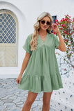V Neck Solid Color Short Sleeve Pleated Dress_Cwdsd2696