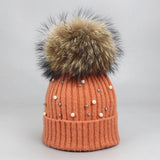 Women¡¯S Knit Beanie With Pearl & Fur Pom_Cwah04987
