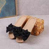 CUTE BOW LINEN SLIPPERS FOR HOME OFFICE_CWSHF0177