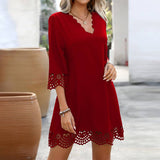Solid Color V-Neck Burn Half Sleeve A-Line Dress