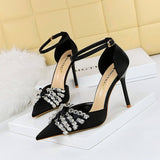 Women Retro Rhinestone Hollow Strap High Heels