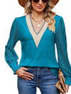 Cwtbll2401_V-Neck Lace Stitching Long-Sleeved Casual Top