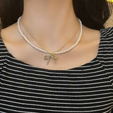 FASHIONABLE TASSEL BOW PEARL DOUBLE LAYER NECKLACE_CWAJE3056