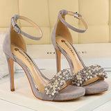 Women Suede Pearl Rhinestone High Heels