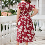 PLUS SIZE V NECK RED DRESS BELTED SUMMER FIT_CWDMD5966