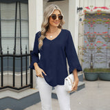 V-Neck Diamond Check Cutout Horn Sleeve T-Shirt