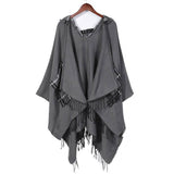 Women Hooded Tassel Split Shawl Wrapped Cloak
