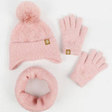 KNITTED POM POM EARMUFF HAT THREE PIECE SET_CWMM2804