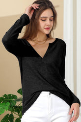 Solid Color Long Sleeved V Neck T Shirt_Cwttl1440