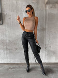Waist-Cinching Street Drawstring Leather Pants