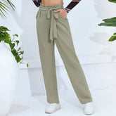 Solid Color Tie Waist High Rise Slim Fit Pants