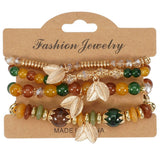 Cwmm10456_Boho Leaf Charm Multi Layer Beaded Bracelet