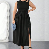 SLEEVELESS COLOR BLOCK CUTOUT WAIST DRESS_CWDMD6047