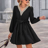 V-Neck Slim-Fit Lace-Up Long-Sleeved Dress