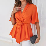 Solid Color Elegant Short Sleeved Belted Top_Cwtsts0323