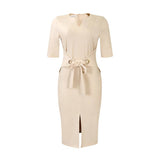 V-Neck Solid Color Hip-Hugging Elegant Dress_Cwdmd3680