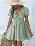 V-Neck Pleated Solid Color Dress