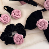 NEW BLACK VELVET PINK CAMELLIA HAIRPIN_CWAHA4658