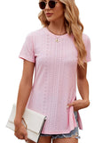 Solid Color Crew Neck Short Sleeve Split Top_Cwtsts0145