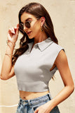 Solid Polo Neck Casual Short Sleeveless Knit Top_Cwoswsl0084