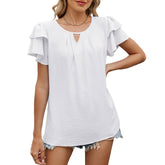 V-Neck Cutout Double-Sleeved Chiffon T-Shirt