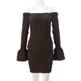 Square-Neck One-Shoulder Flared Sleeve Dress