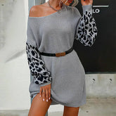 Women Color Matching Leopard V Neck Sweater Dress_Cwdsd1960