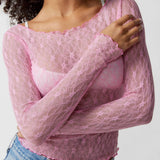 SEMI SHEER MESH LACE T SHIRT SLIM FIT CROPPED TOP_CWTBLL2661