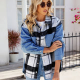 Washed Plaid Denim Long-Sleeved Coat
