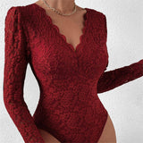 SOLID COLOR LACE LONG SLEEVE HOT GIRL SLIM BODYSUIT_CWMM4627