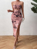 Womens Sexy Backless Ruched Fit Floral Dress